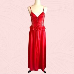 80s vintage red lacy lace up front open maxi night dress slip